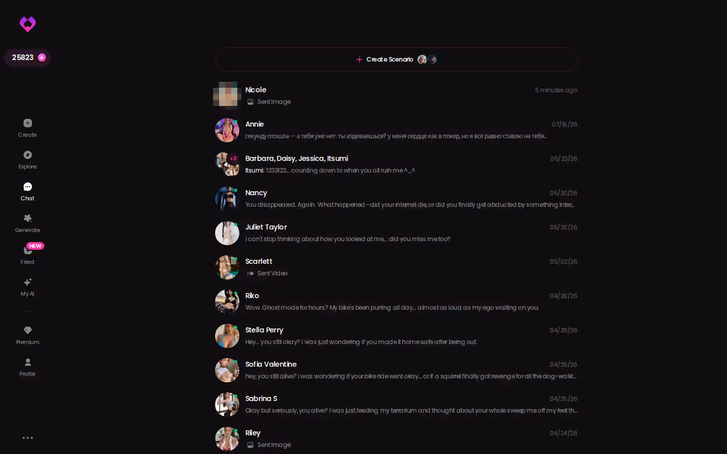 GoLove.ai Chat-Übersicht mit mehreren KI-Freundinnen am Desktop