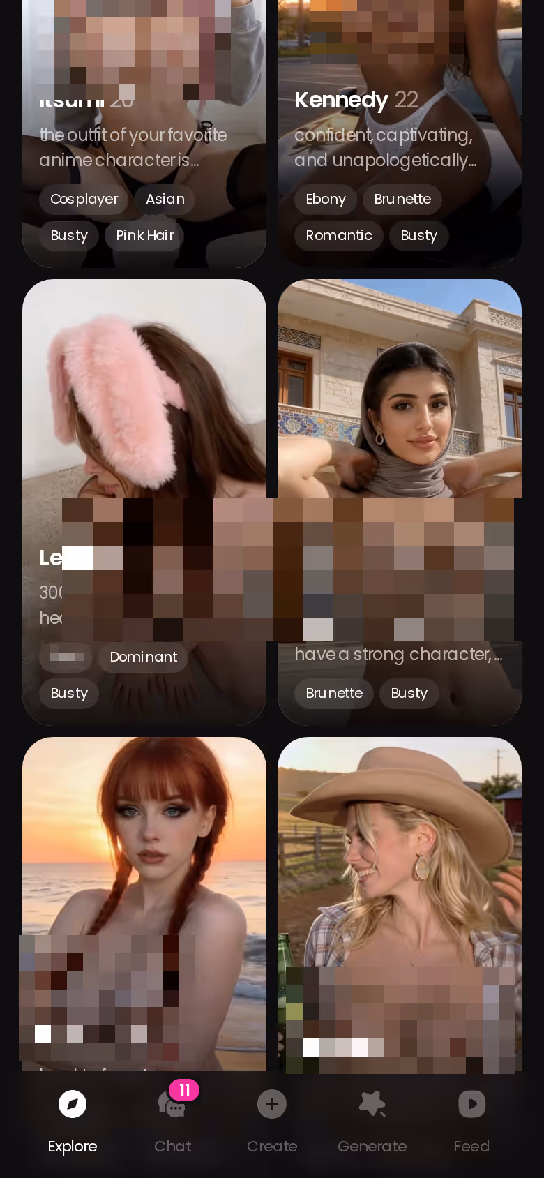 Der Entdecken-Tab von GoLove.ai auf dem Handy mit fotorealistischen Figuren und der unteren Navigationsleiste