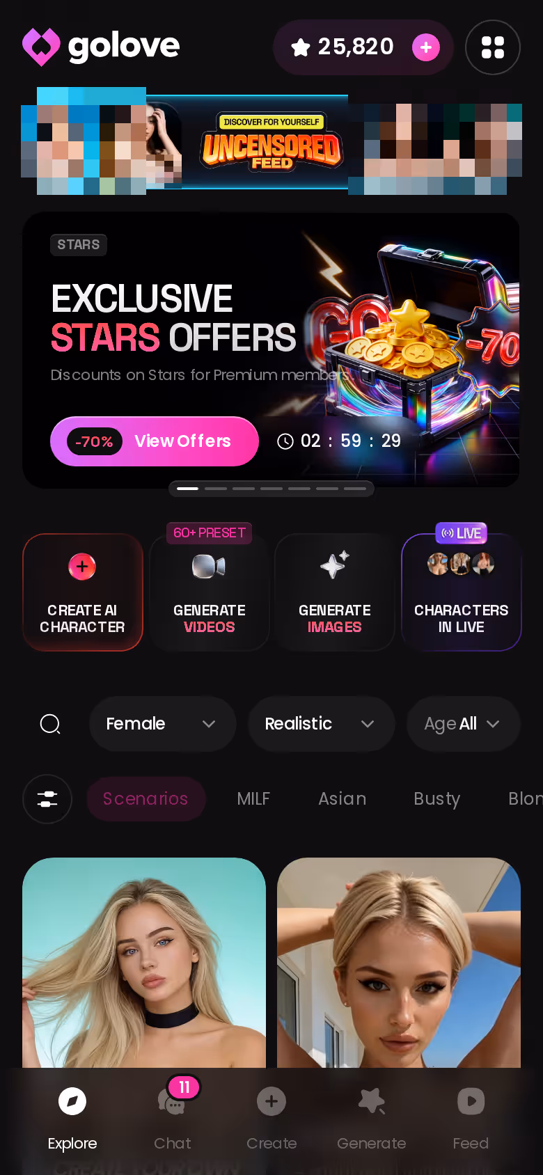 GoLove.ai Entdecken-Tab auf dem Handy – ein Tipp auf ein Mädchen startet sofort den Chat