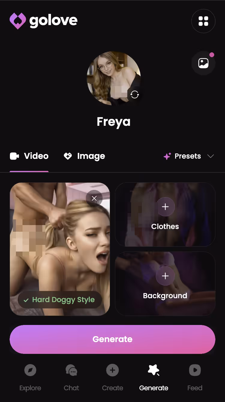 Der Videogenerator auf dem Handy mit Preset-Karten für Aktion, Kleidung und Hintergrund