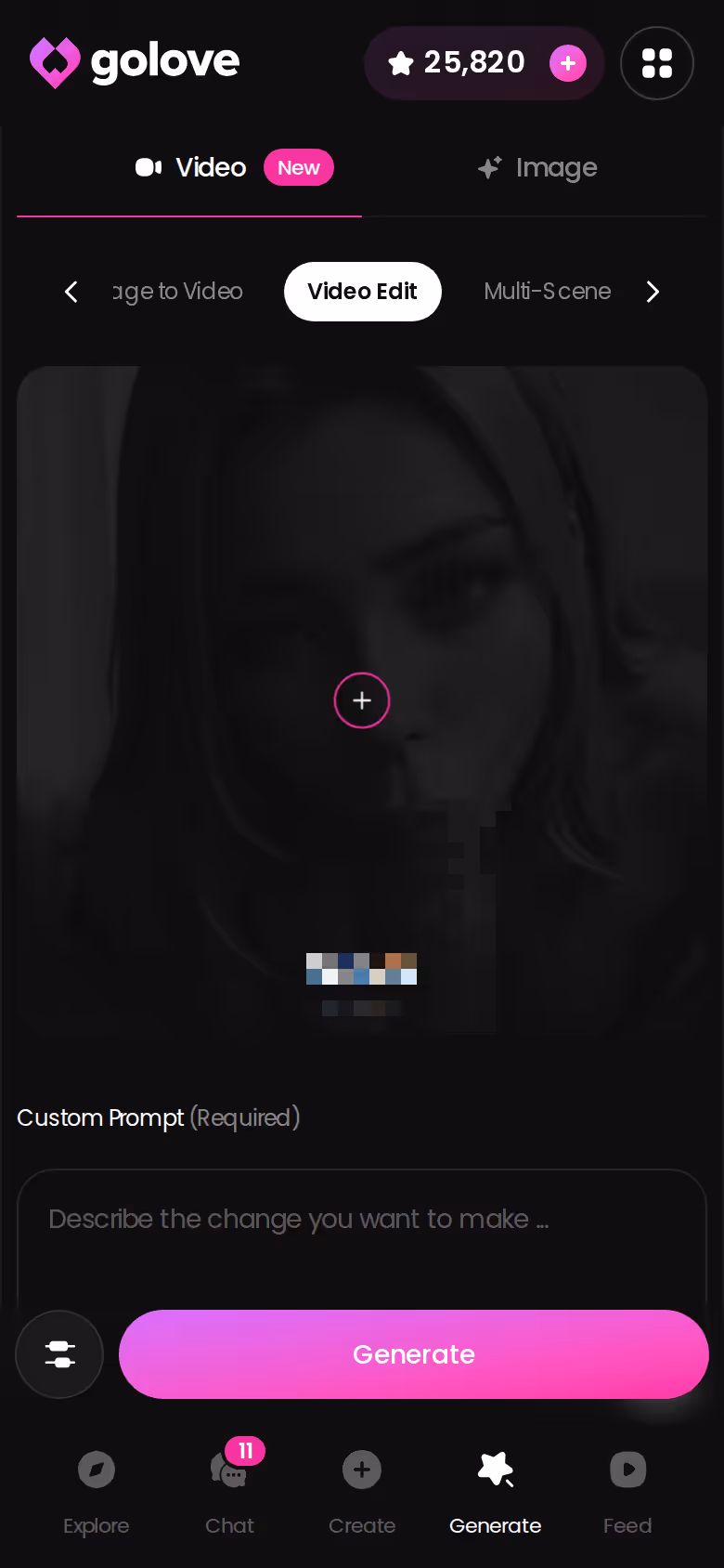 GoLove.ai Videogenerator im Modus Video bearbeiten auf dem Smartphone